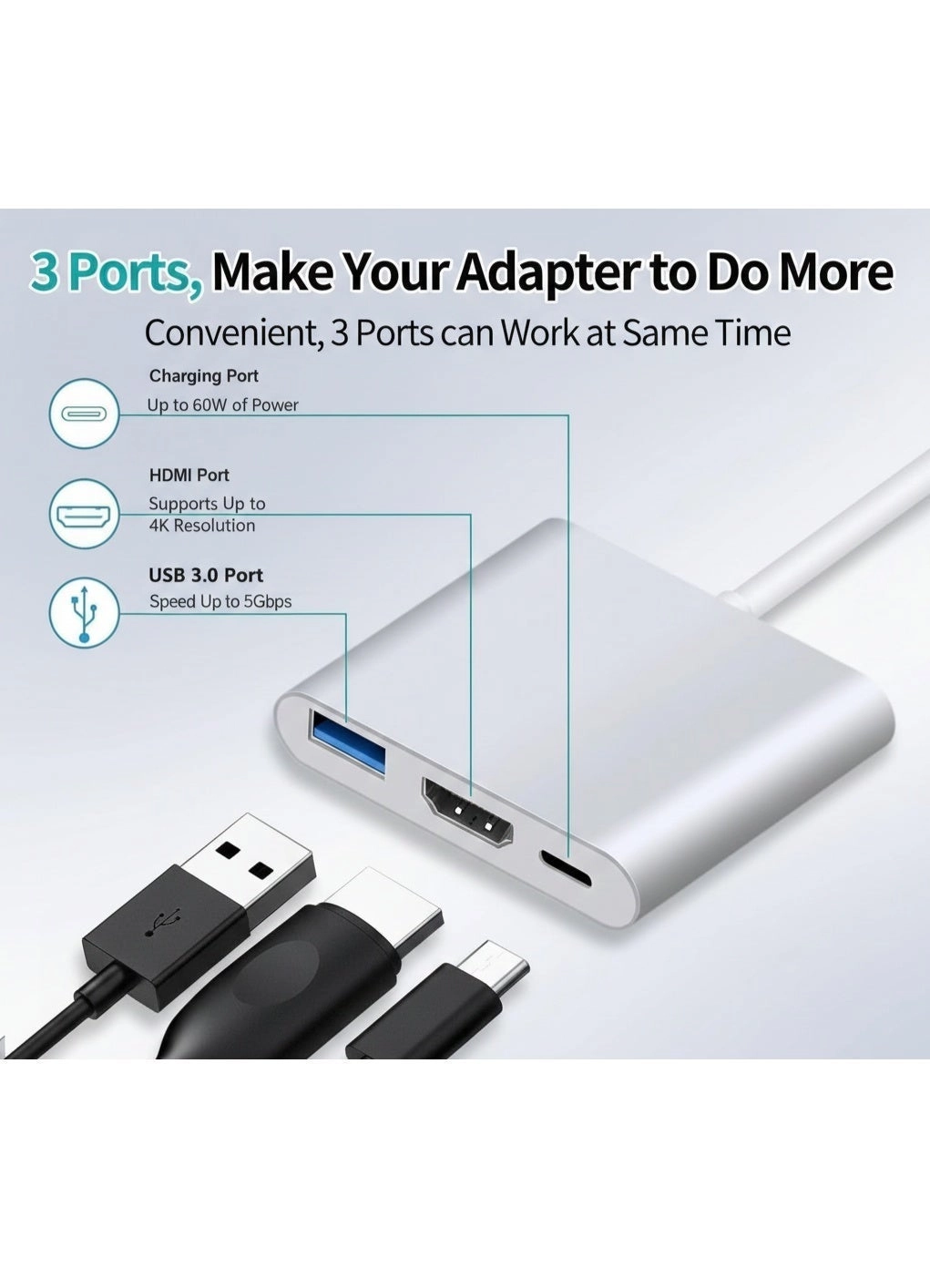 3-in-1 USB-C Hub - 4K HDMI 100W PD Charging USB 3.0