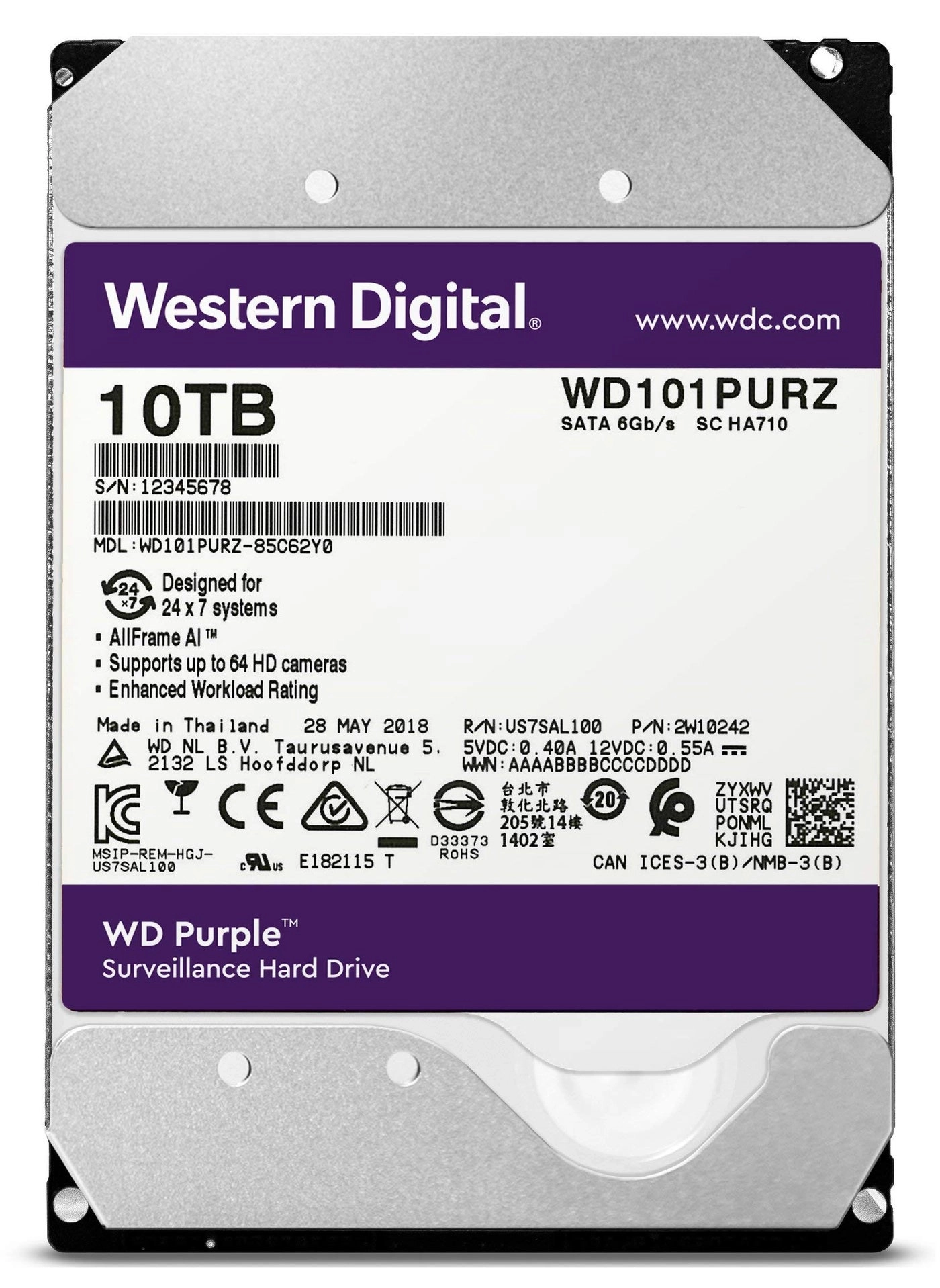 Purple Surveillance 3.5" 256MB SATA 6Gb/s (WD101PURZ) - 10TB