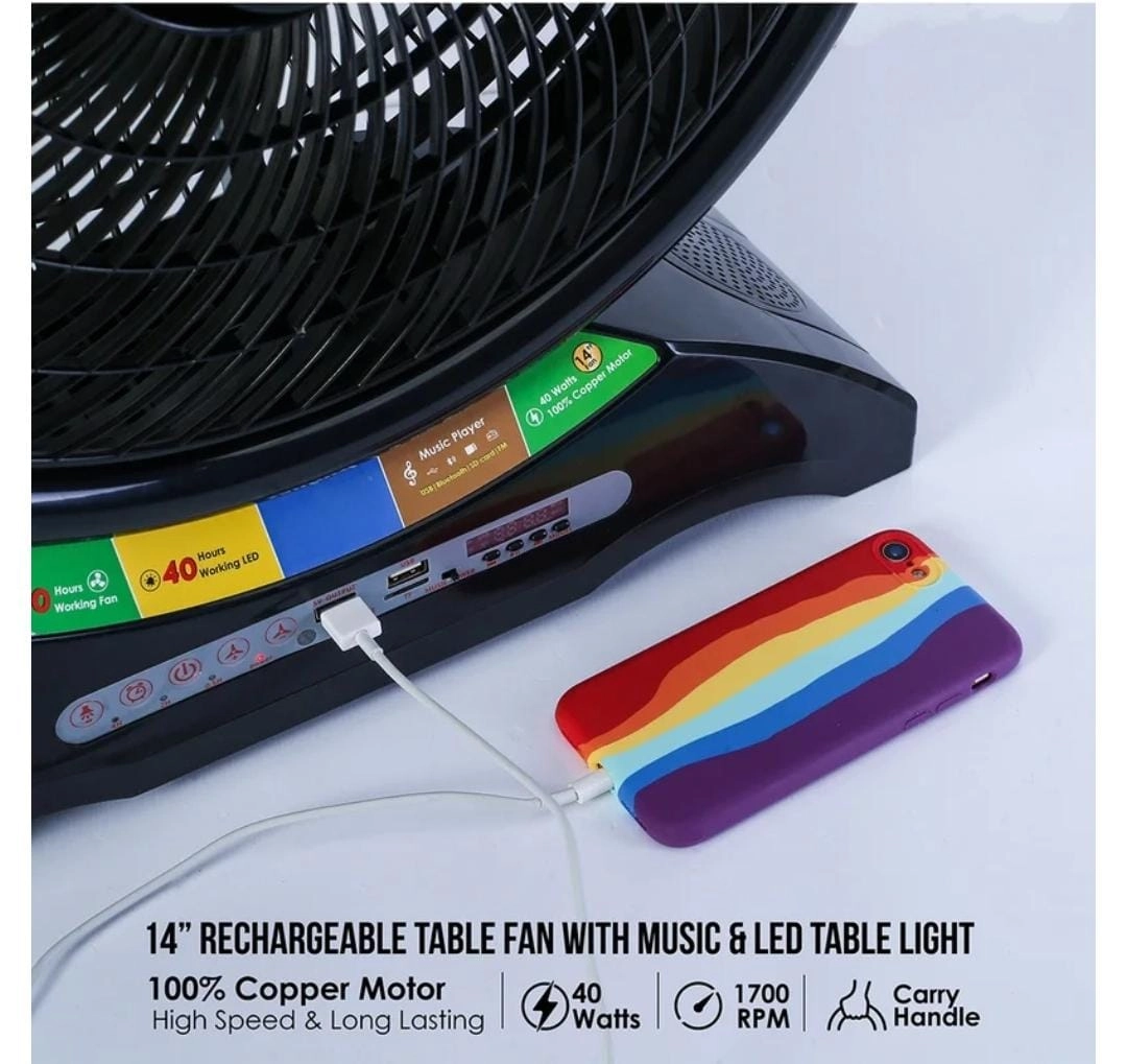 Rechargeable Table Fan - 14-Inch 28 LED Lights Music Player