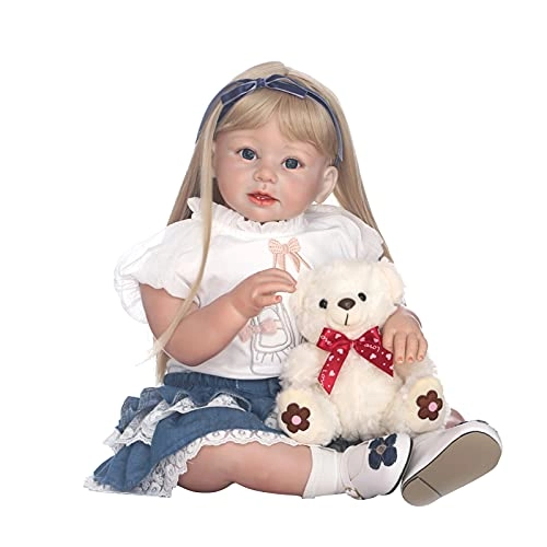 Reborn Toddler Doll - 28inch Long Straight Golden Hair + Plush Toy