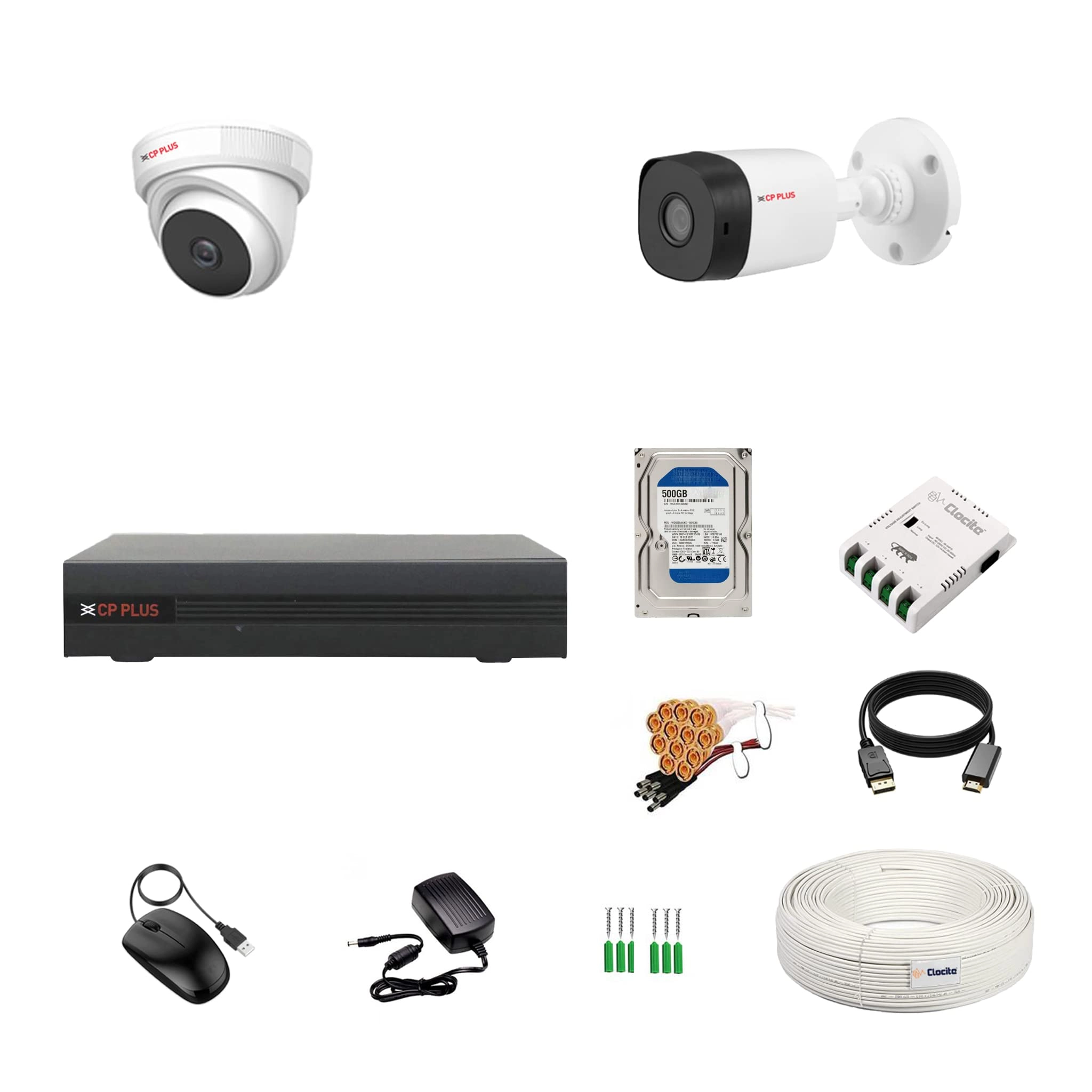 4 Channel DVR + Outdoor Camera - 2.4MP + Indoor Camera - 2.4MP + HDD - 500GB + SMPS - 4 Ch + CCTV Cable + USEWELL HDMI+BNC/DC Set