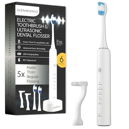 Electric Toothbrush - 6 Cleaning Modes White Rechargeable + Flosser