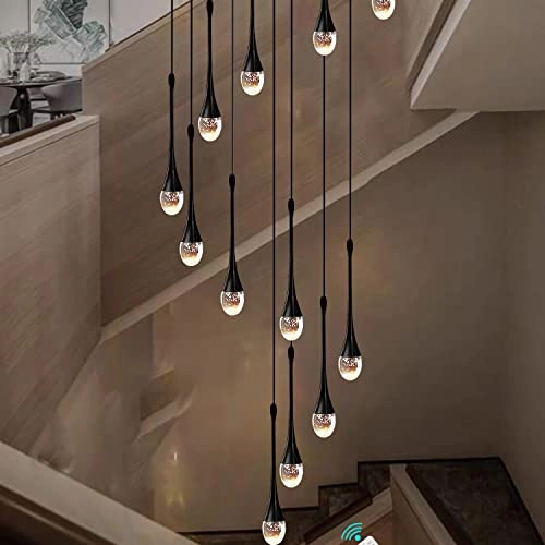 12 Light Black Raindrop Crystal Chandelier - 120''/305cm High Ceiling Dimmable LED