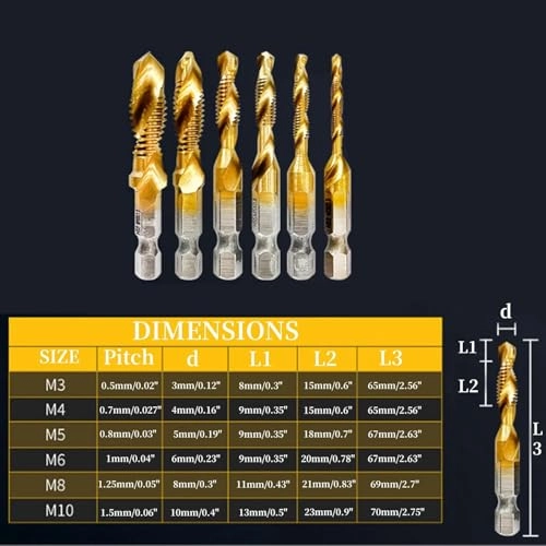 Combination Drill and Tap Set - 6 Piece Titanium Coated M3-M10