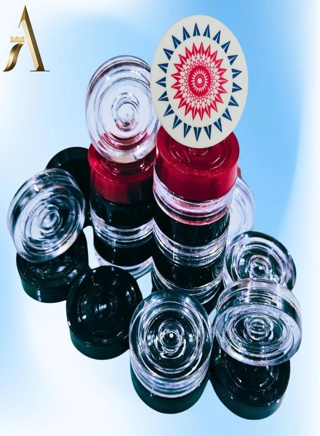Crystal Carrom Coins - 20 Coins (9 Black + 9 White + 2 Red Queen) Tournament Size + Striker + Powder Bottle