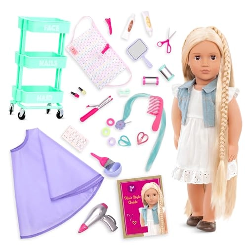 Phoebe Fashion Doll - 18-inch Ultra-Long Blonde Hair + Supply Cart - 3-tiered + Styling Accessories - 32-pc