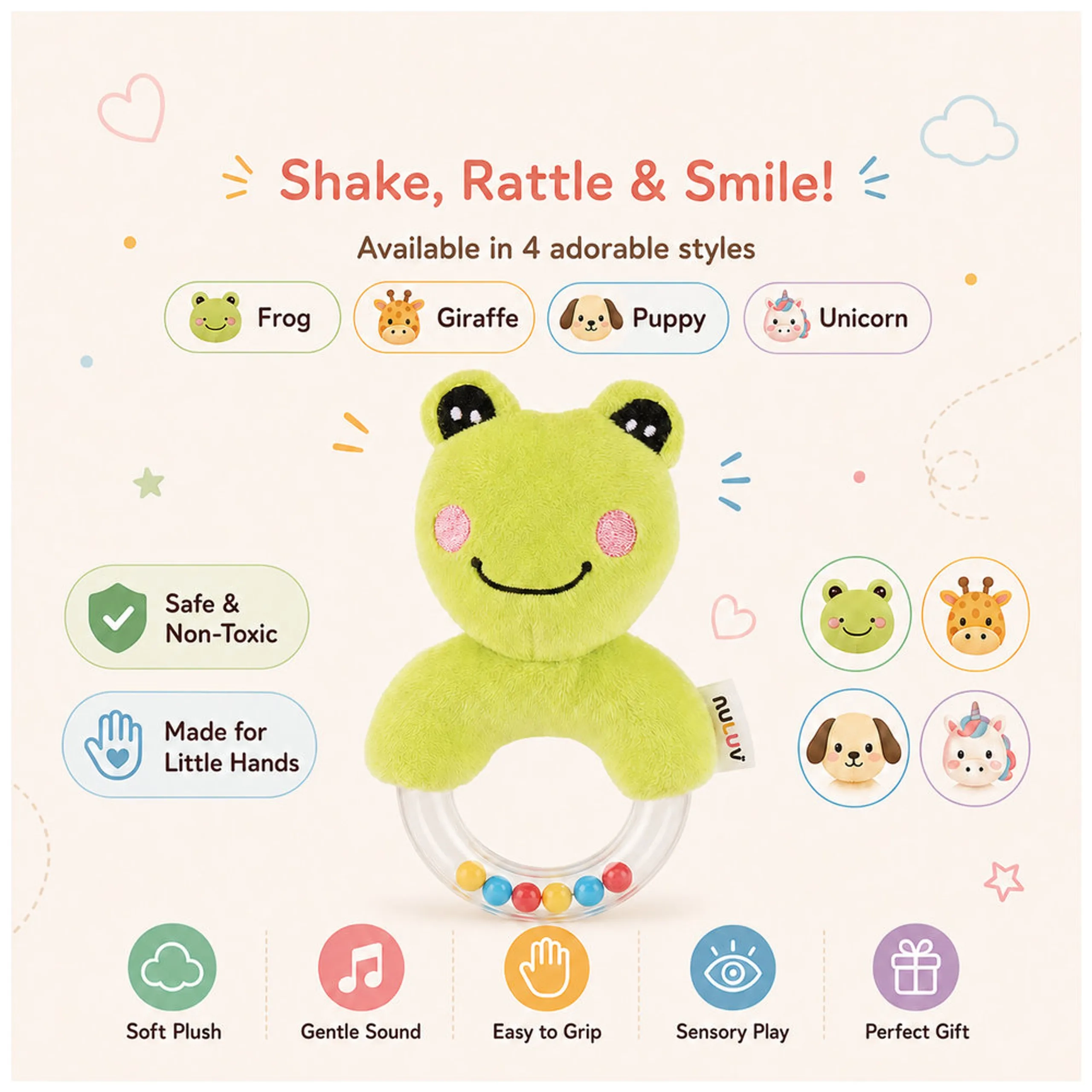 Playtime Frog Ring Rattle - Suitable For 0 to 12 Years soft fabric