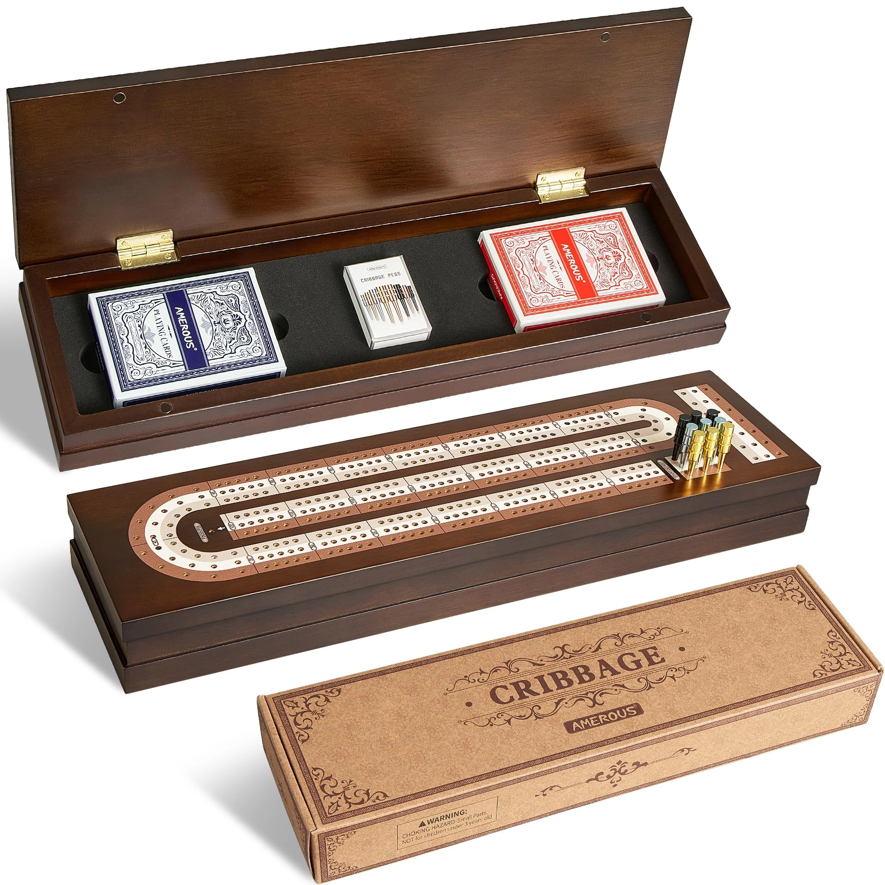 AMEROUS Cribbage Board - 3 Track Foldable Magnetic Lock