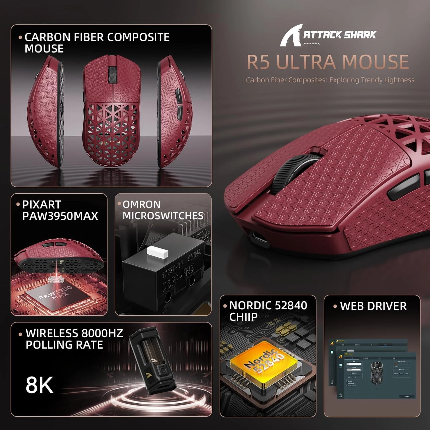 R5Ultra 8K Carbon Fiber Gaming Mouse - 2.4G Wireless Bluetooth USB