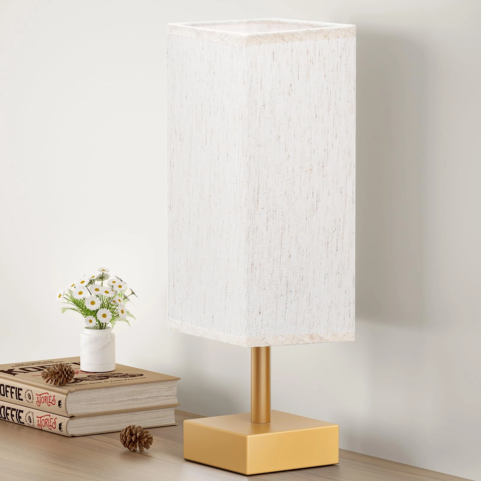 aooshine Small Table Lamp - Gold Square Fabric Shade