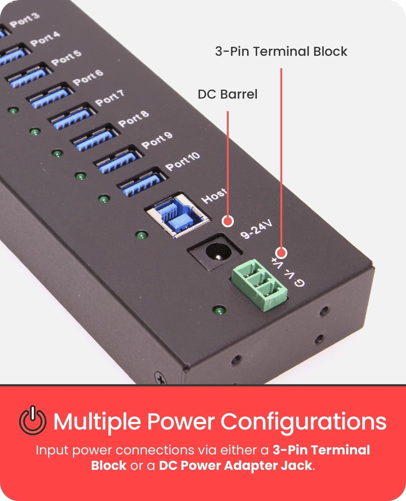 USB 3.2 Gen 1 10 Port Industrial Metal Hub