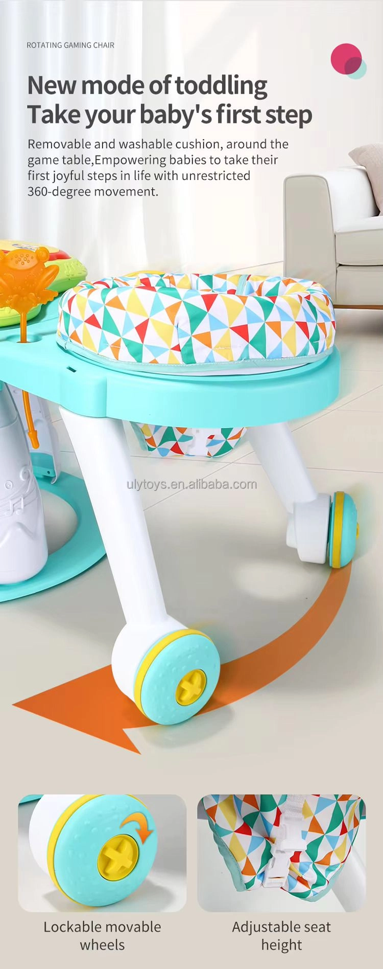 3-In-1 Baby Walker Rotating Chair & Table Playset - Pink Suitable for 6 months and above