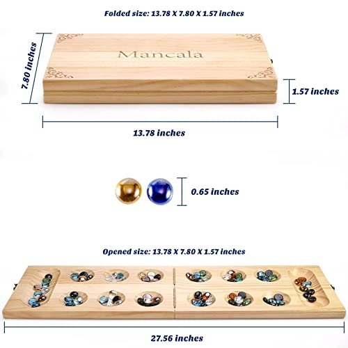 Mancala - Wooden Folding 728 Bonus Multi Color Glass Stones