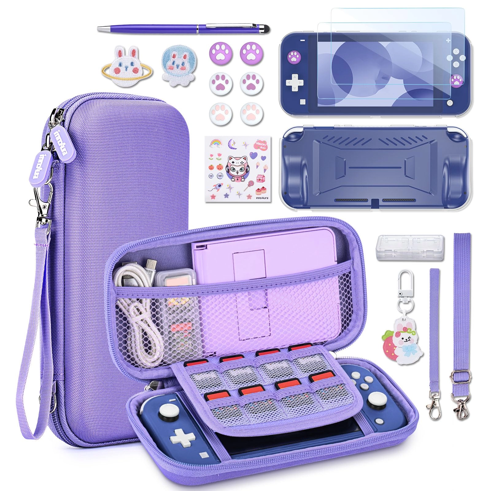 innoAura Switch Lite Carrying Case + Switch Game Case + Switch Lite Screen Protector + Switch Thumb Grips