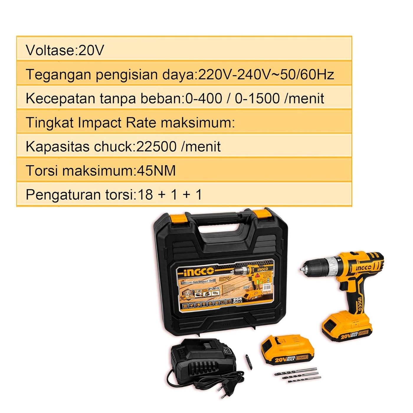 20V Cordless Impact Drill - 2x2.0Ah