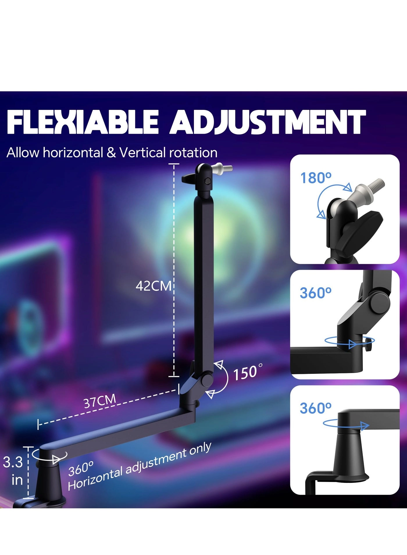 Microphone Boom Arm - Low Profile 360° Rotation Cable Management