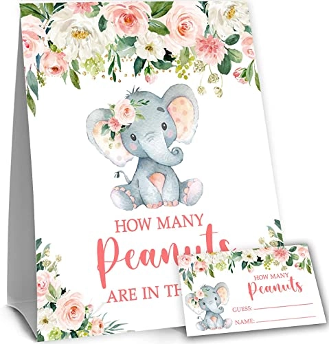 Yuzioey Pink Elephant Guess How Many Peanuts Baby Shower Game - 1 folding sign and 50 cards