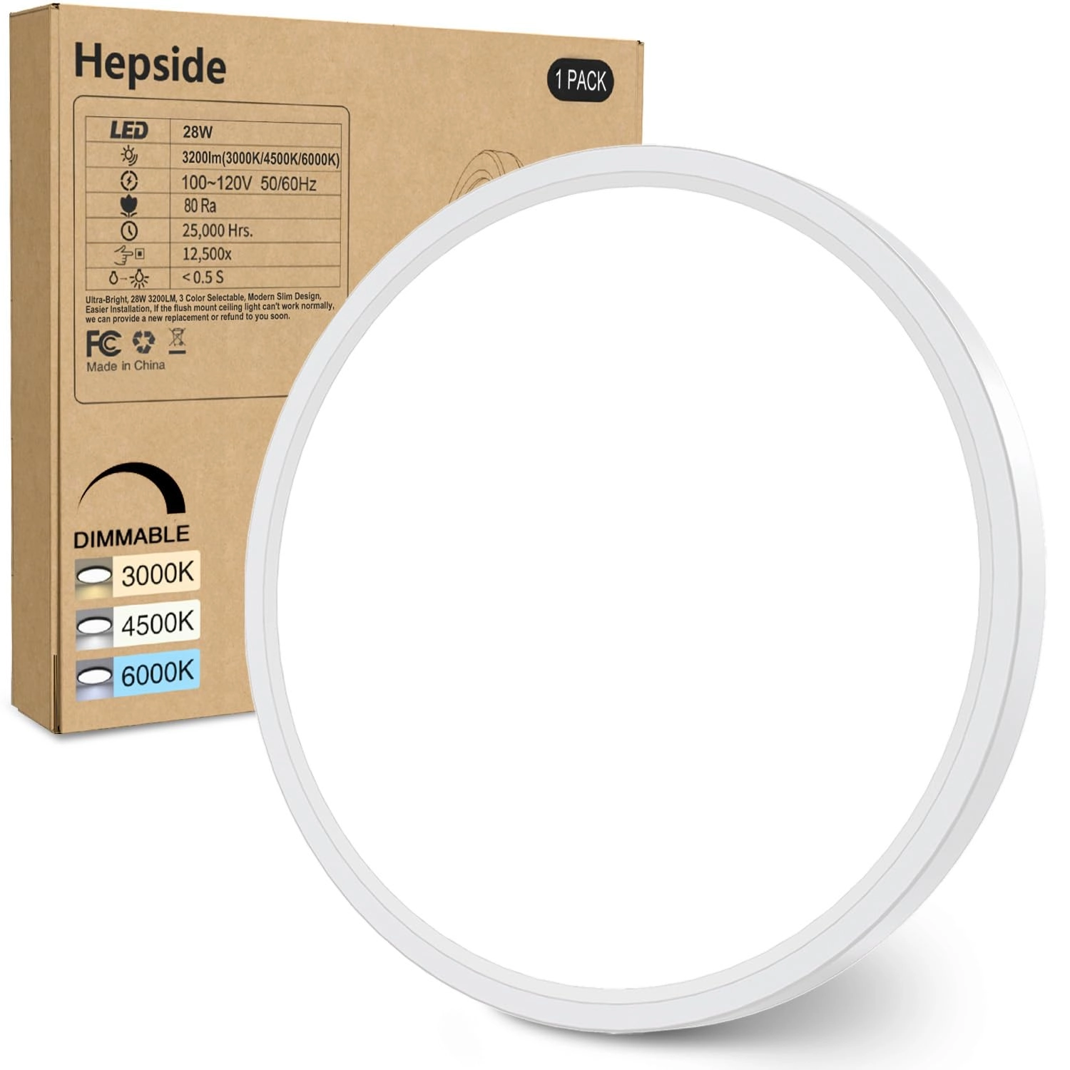 hepside Flush Mount LED Ceiling Light Fixture - 3000K-4500K-6000K Dimmable