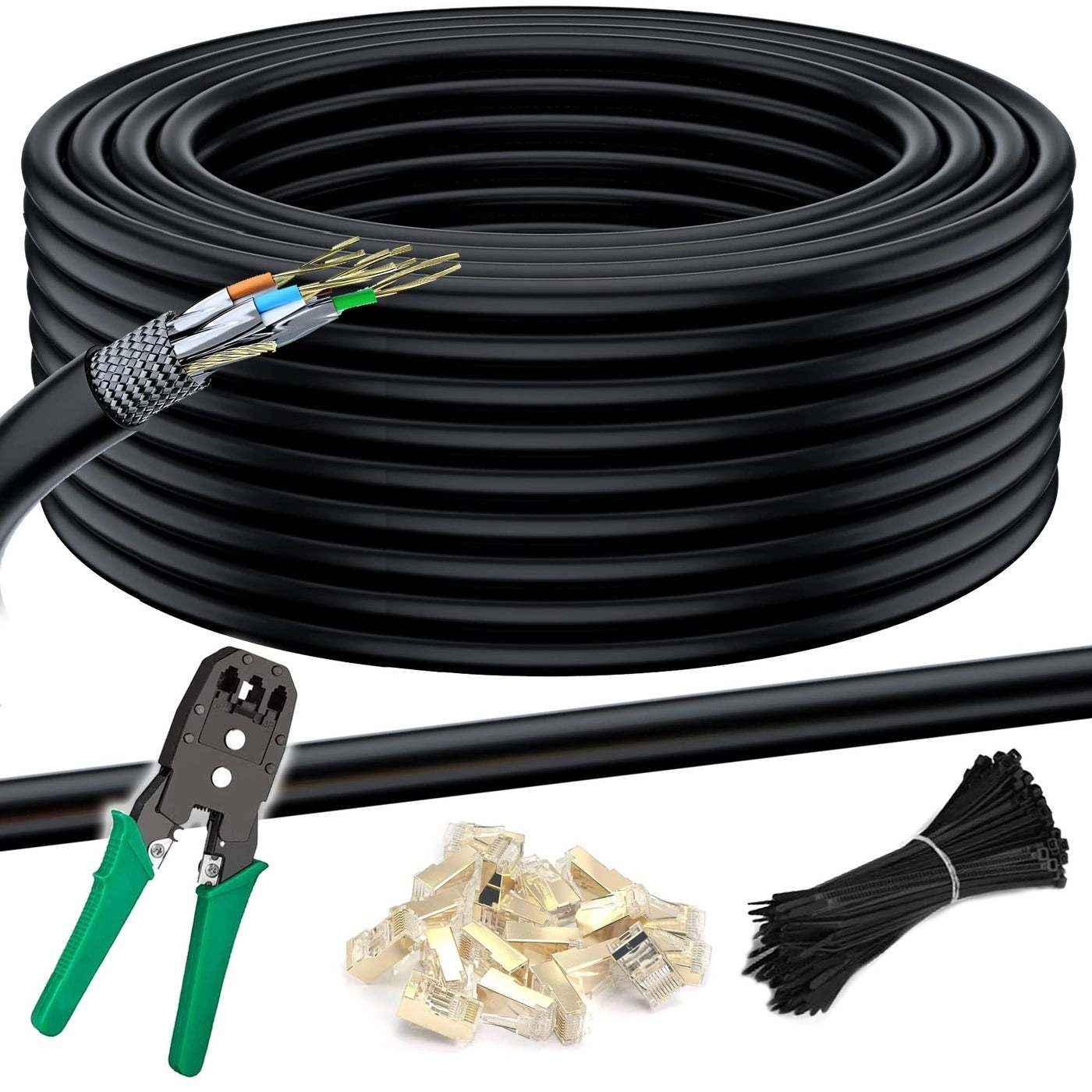 MutecPower CAT 7 Ethernet Network Cable - 100m + Crimping tool + RJ45 connectors + Cable Ties