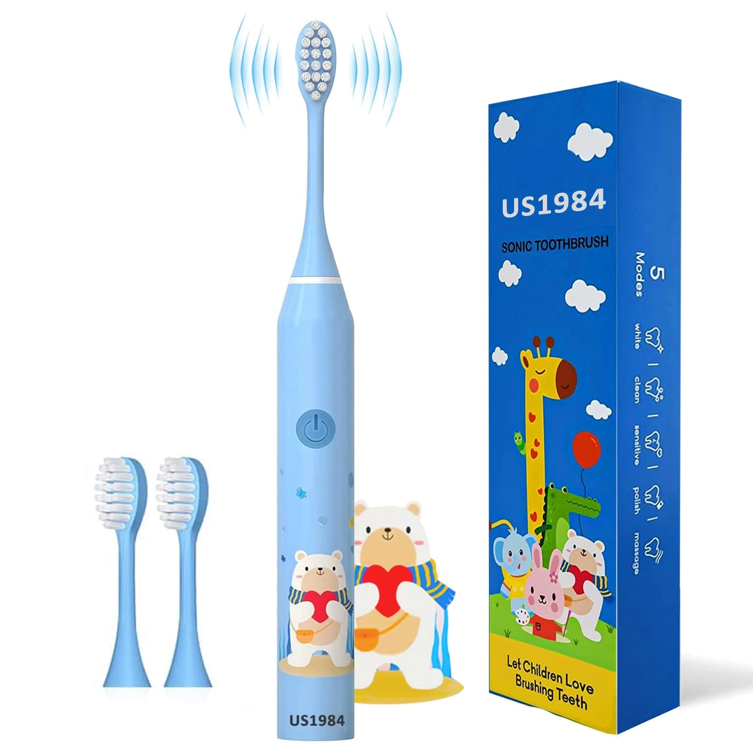 Kids Sonic Tooth Brush - 5 Modes 3 Brush Heads Rechargeable
