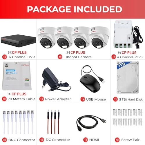 4 Channel Turbo HD DVR + 2 MP Indoor Camera - 4 2.4MP + 4 Channel Power Supply + 70 Meters CCTV Cable + 1 TB Hard Drive + BNC & DC Connectors + HDMI Cable