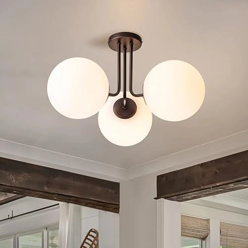 Modern Metal Ceiling Light Hanging Lamp - 3 Light Glass White Globes Golden