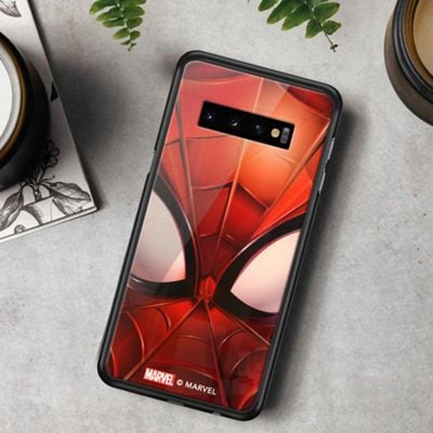Spider-Man Mask Cover Back Case TPU Bumper Case + Tempered Glass Back for Galaxy S10 Plus