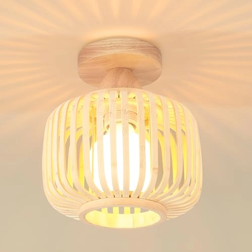 Retro Rattan and Wood Bohemian Design Ceiling Light