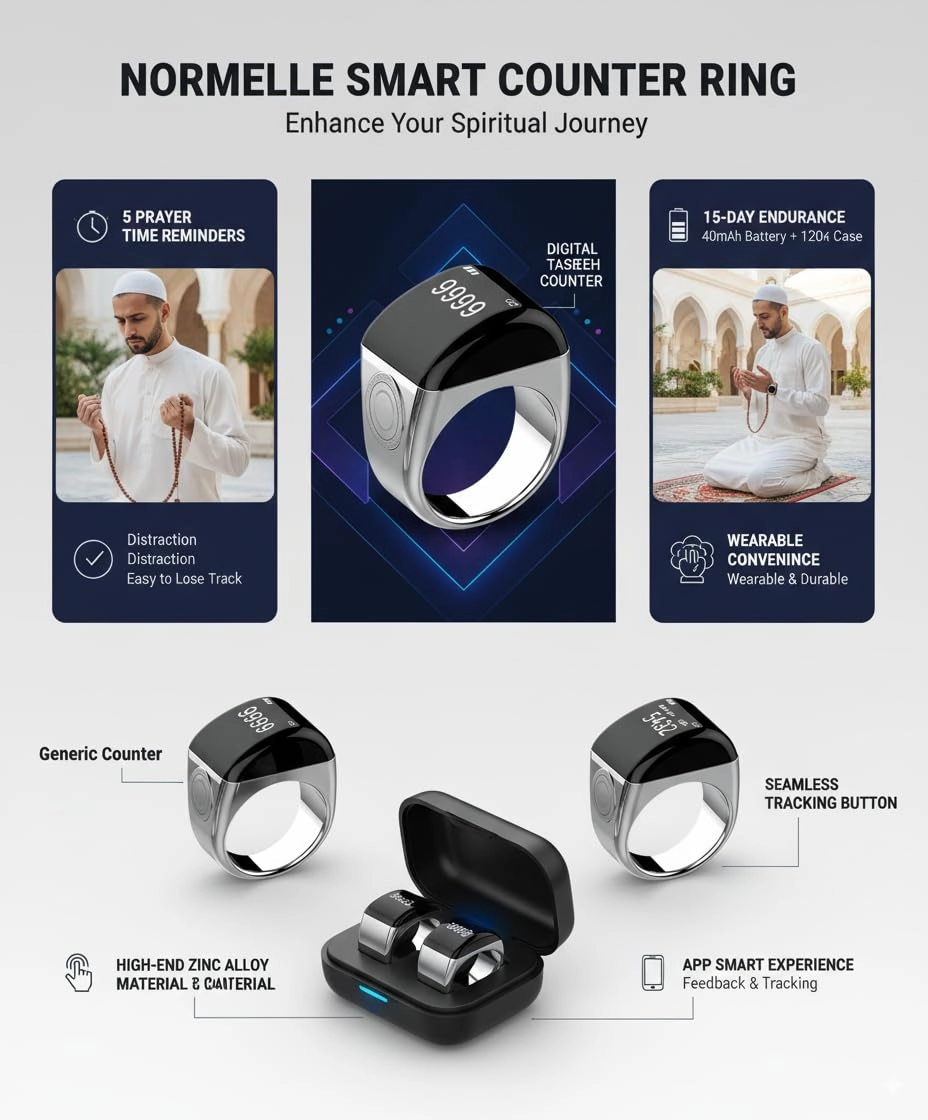 Smart Qibla Tasbih Counter Ring ABS GPS