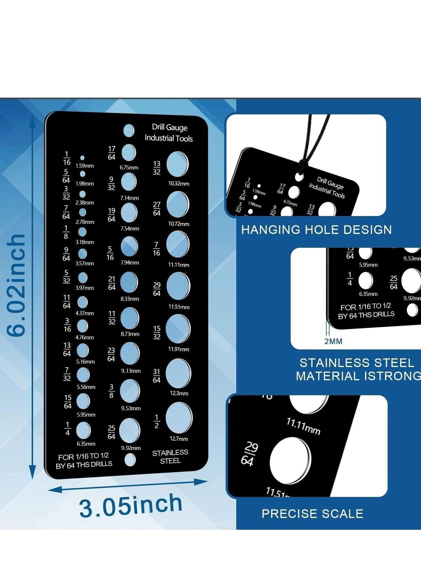Drill Bit Size Gauge - stainless steel 2 pieces 1/16 Inch to 1/2 Inch