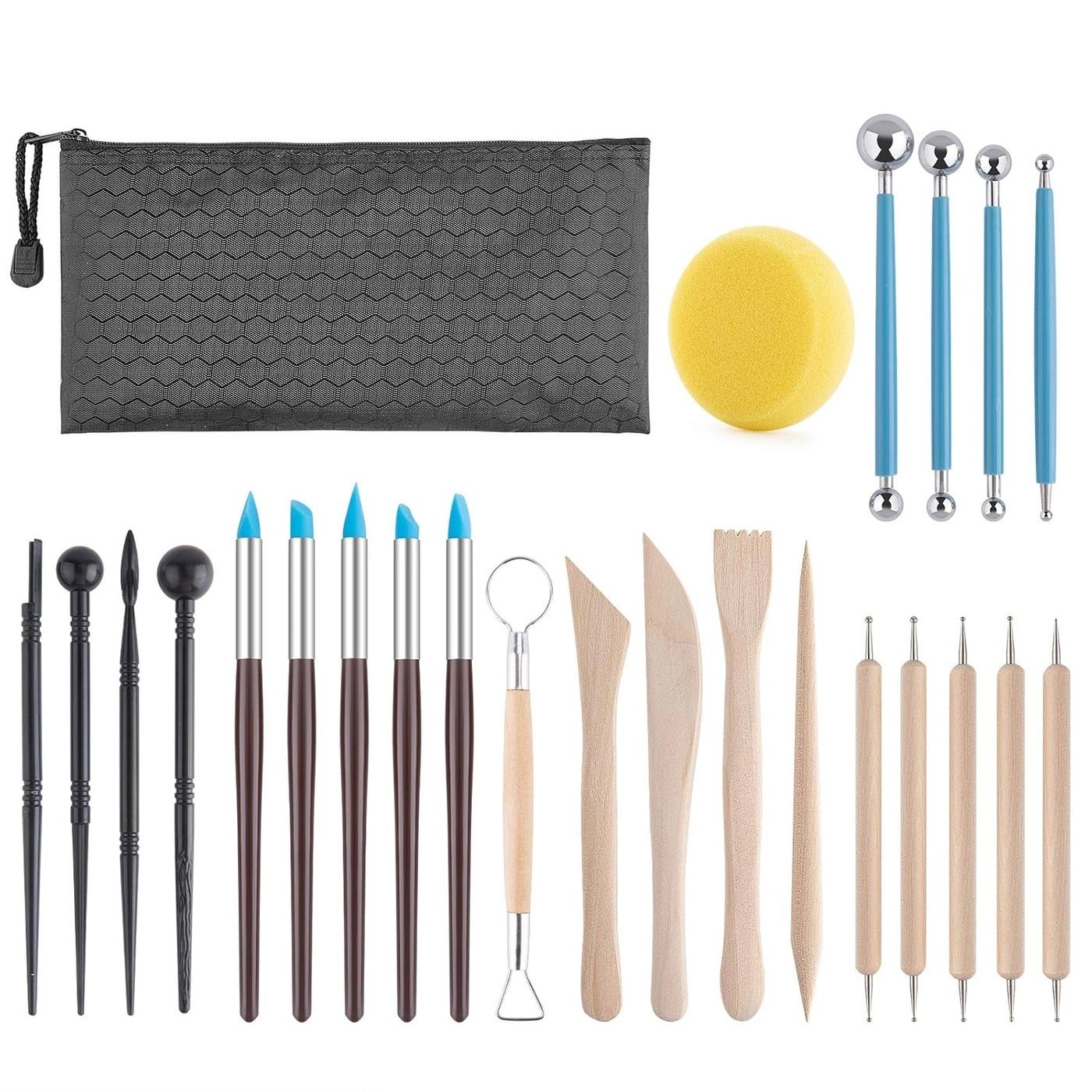 Clay Tools Kit - metal head wooden handle and plastic 25 Pcs