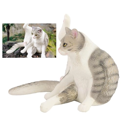 Cat Figurine 7.98 cm Plastic - Gray Leg Lifting Sitting Cat