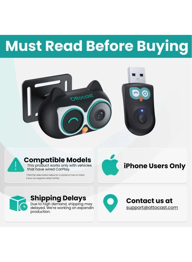 Smart Dash Camera - Cute Owl-Design High-Quality Video + USB CarPlay Adapter - For iPhone Wired CarPlay Vehicles