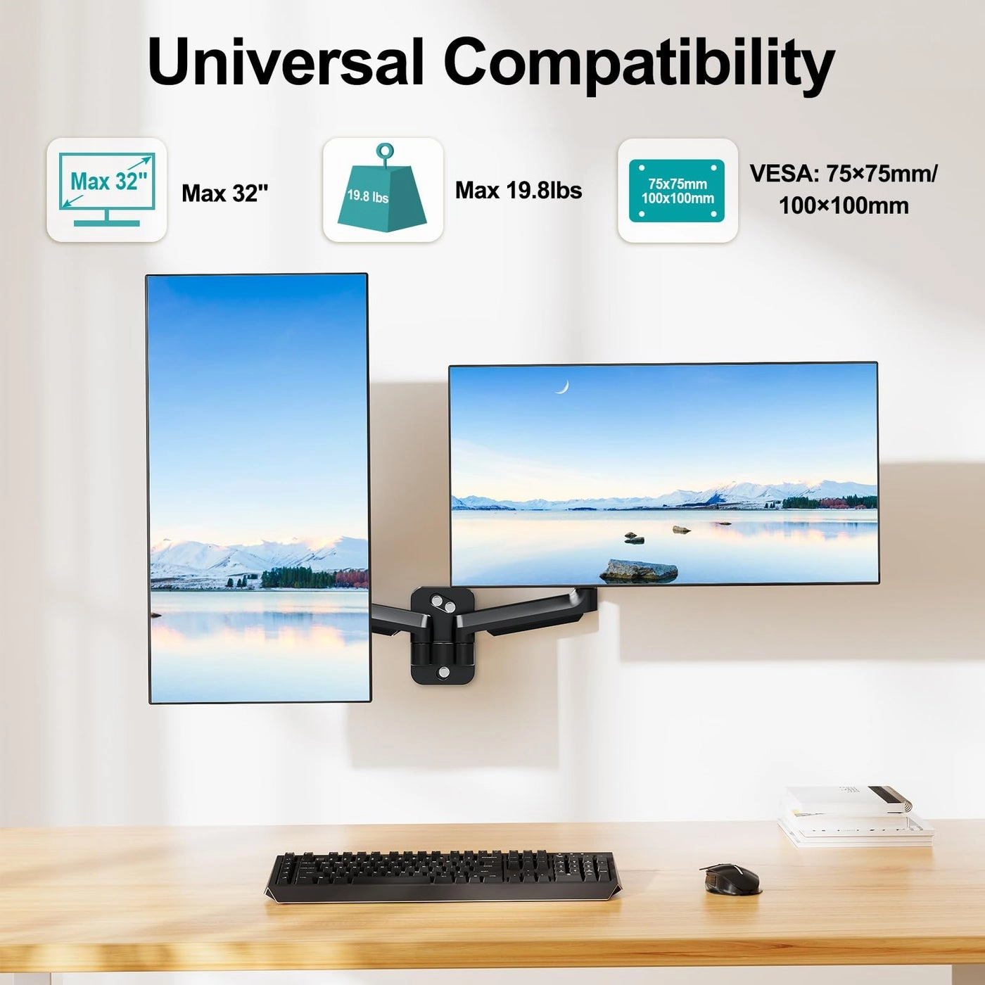 Dual Monitor Wall Mount - 2 Monitors 13 to 32 Inch VESA 75x75/100x100