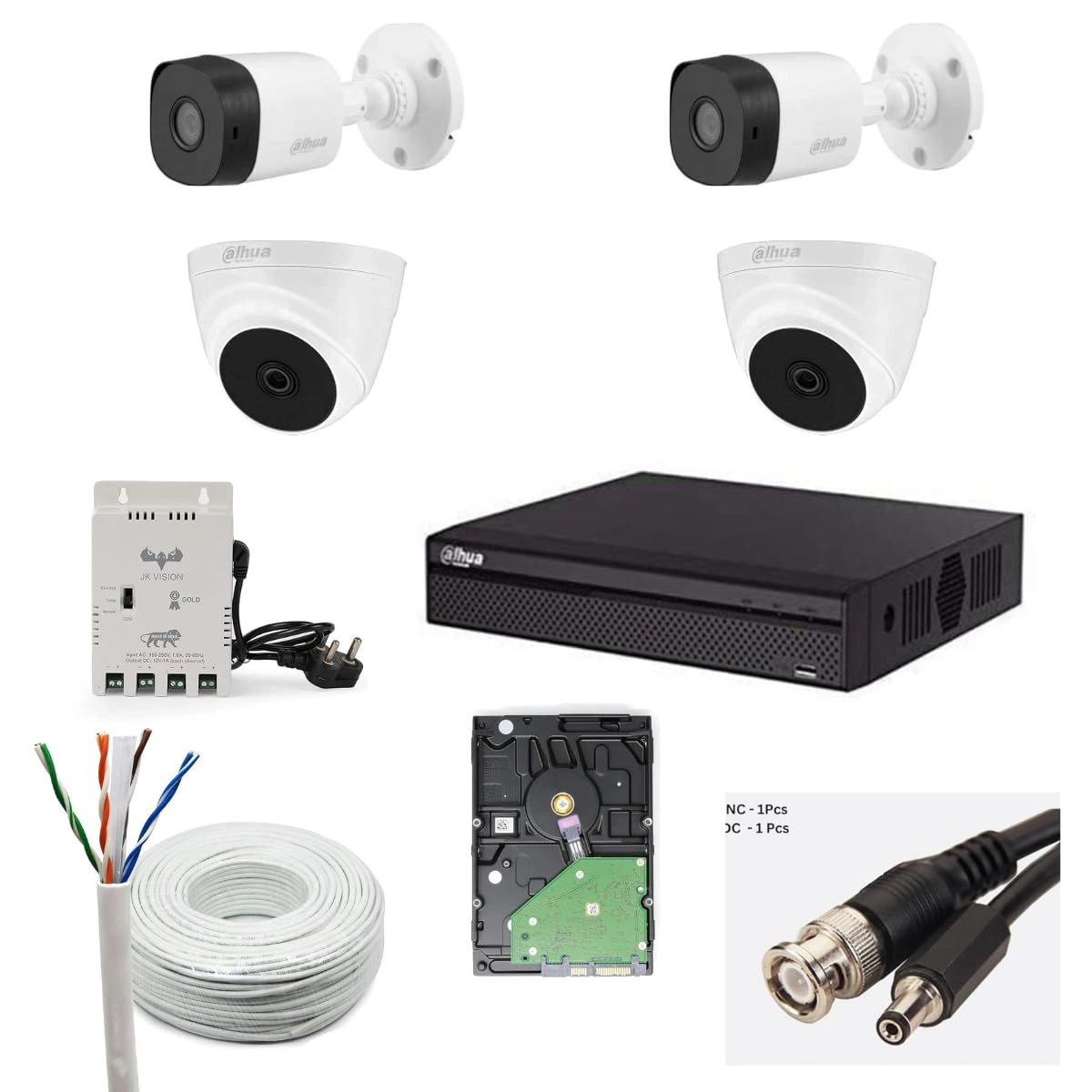 Camera + DVR + Hard Disk + Wire - 2 Bullet Cameras 2 Dome Cameras 4CH 2MP