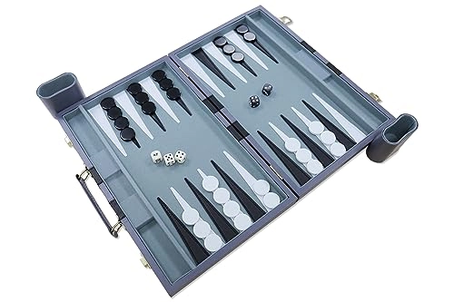 Backgammon Set - Premium Leather Case Blue Grey