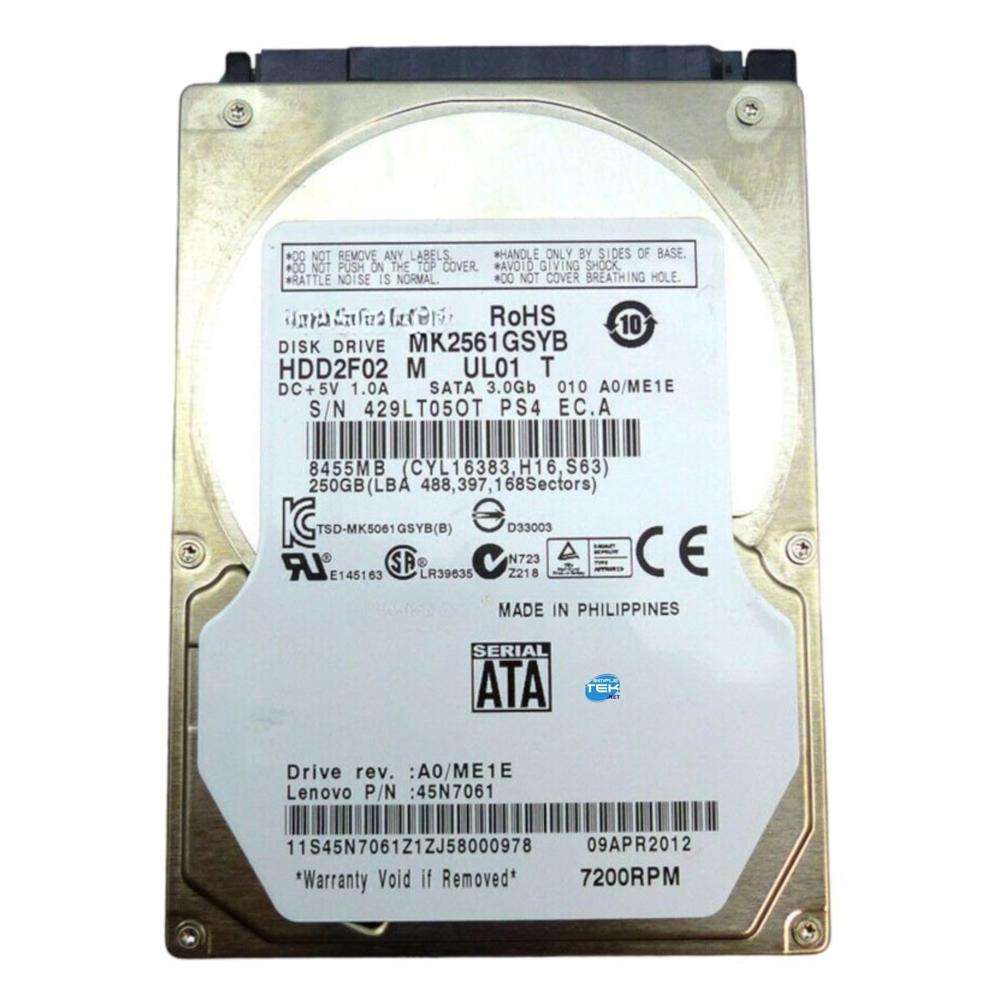 (Refurbished) Hard Disk 2.5" 7200rpm 16384KB SATA 3Gb/s (17368-SIMPLETEK) - 250GB