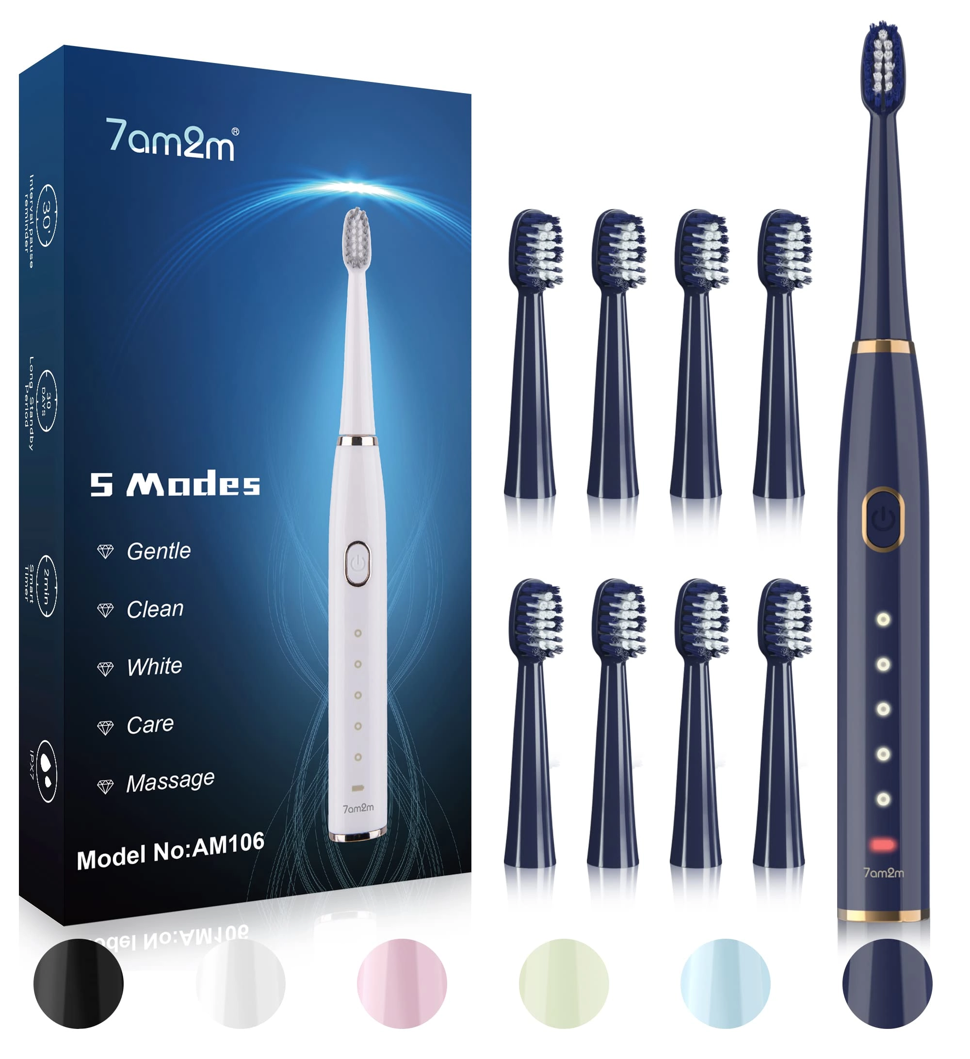 7AM2M Sonic Electric Toothbrush - 8 Heads 5 Modes Midnight Black