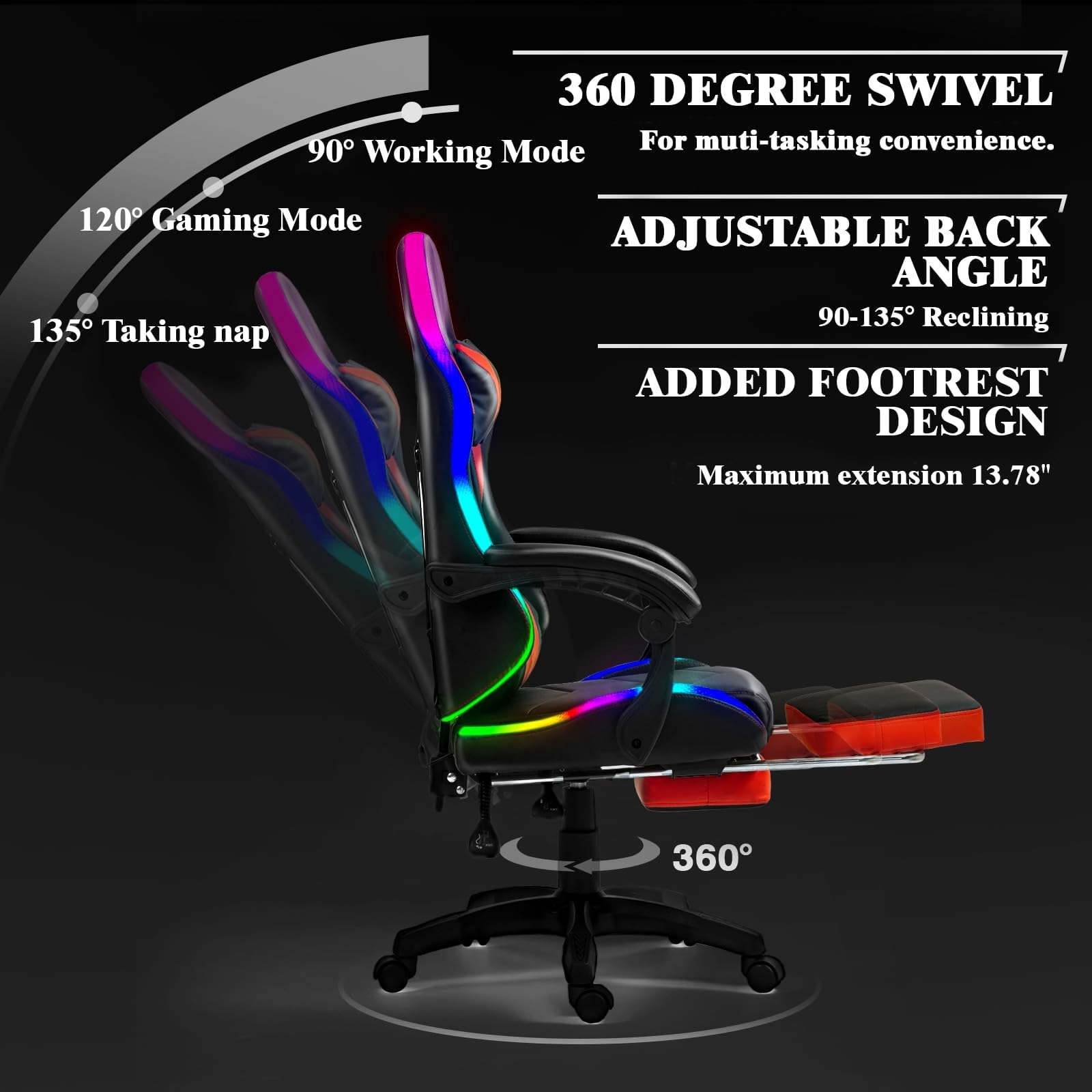 Gaming Chair - RGB LED Lumbar Massager Footrest