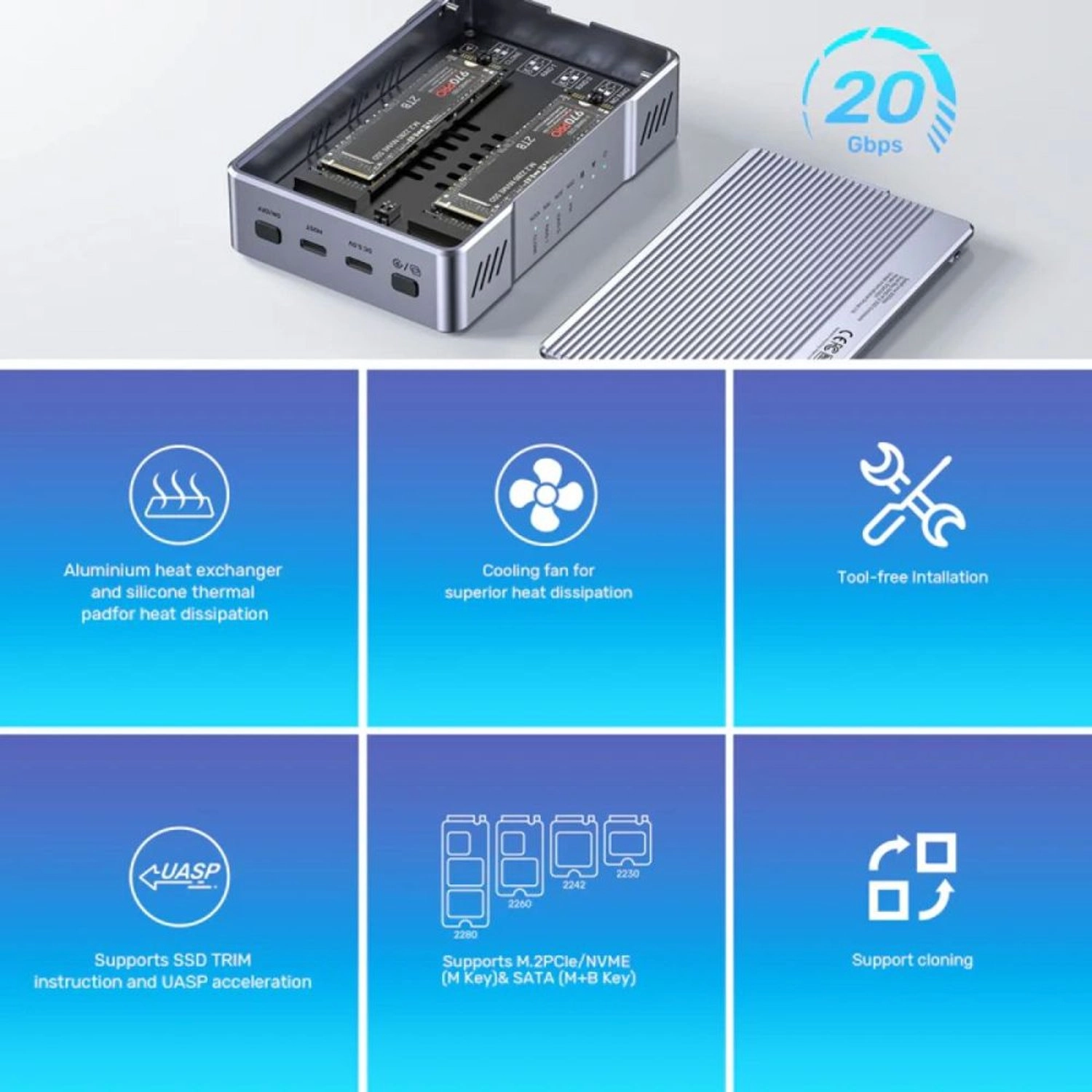 SolidForce SSD Enclosure - USB-C M.2 SSD SATA PCIe 2230/2242/2260/2280