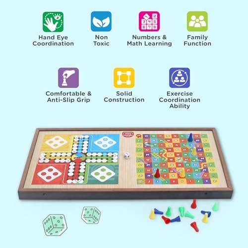3-in-1 Wooden Board Game - Sling Puck Ludo Snakes & Ladders