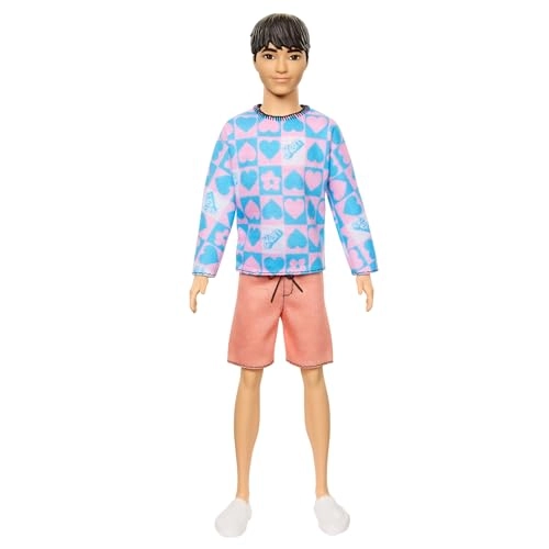 Barbie Fashionistas Ken Doll - Slender Body Removable Long-Sleeve Pink & Blue Patterned Shirt Pink Shorts Ages 3+