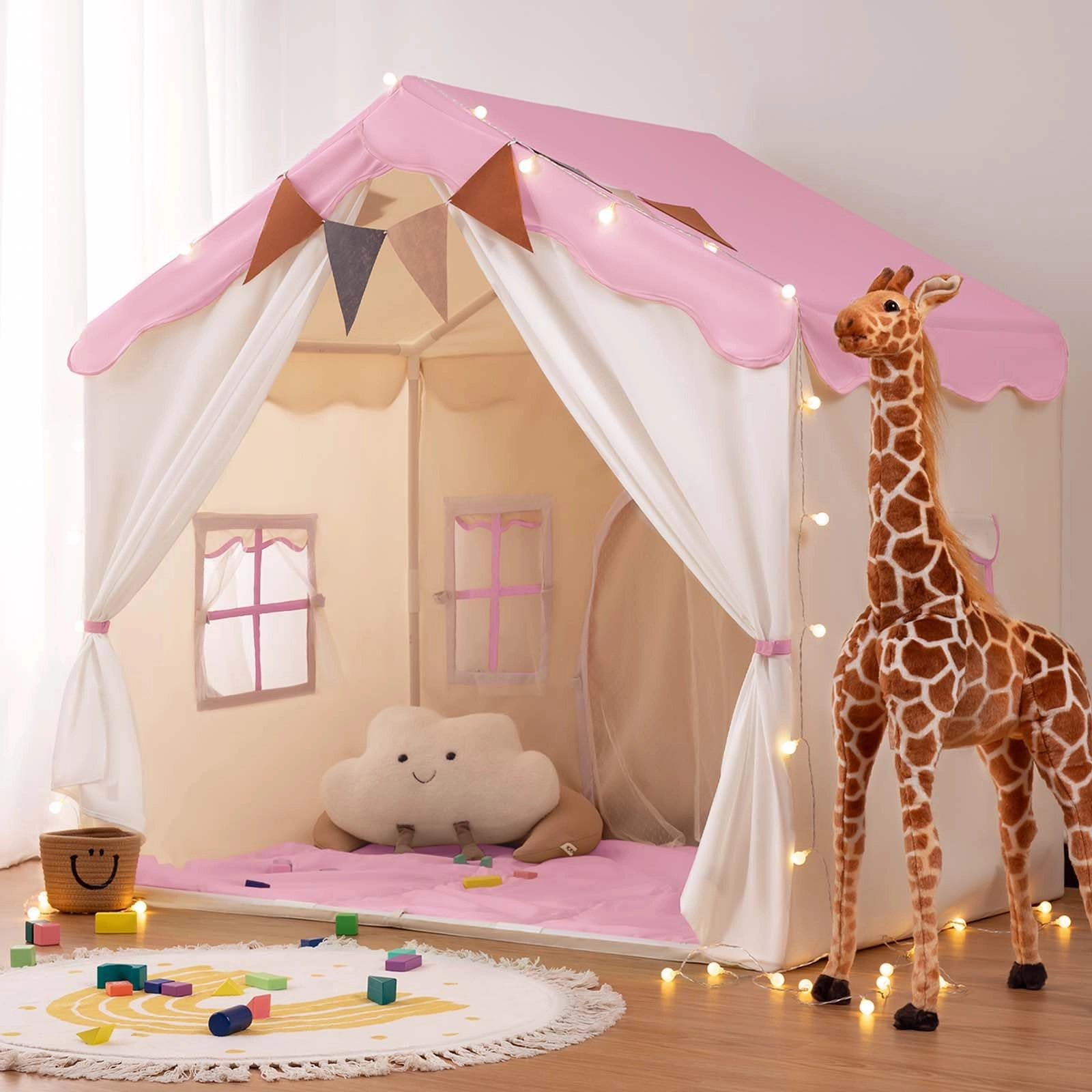 2-in-1 Kids Play House Tent - 130 cm x 89 cm x 130 cm Brown