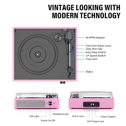 Record Player Turntable - Built-in Bluetooth 3-Speed 2 Stereo Speakers