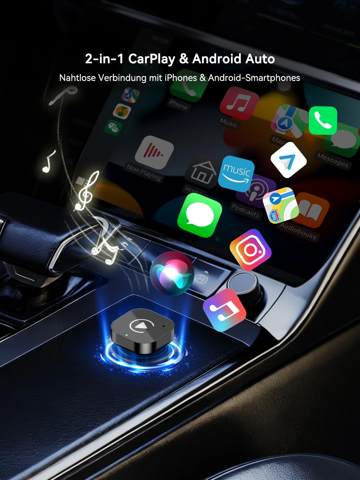 Wireless CarPlay & Android Auto Adapter - USB-A Plug-in Dongle Gloss Black