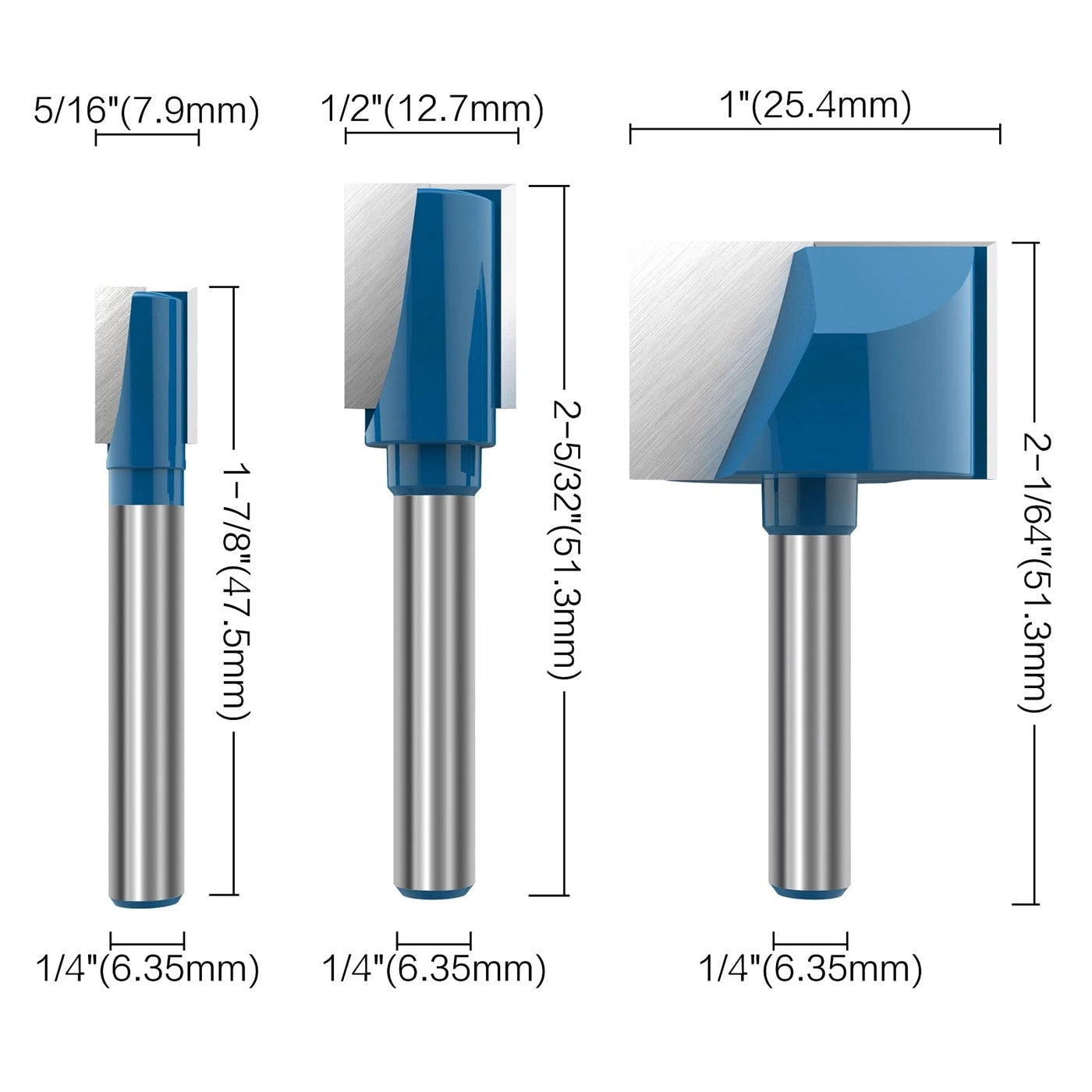 Cleaning Bottom Router Bit - 5/16"" 1/2"" 1"" 1/4"" Shank 3 Pcs