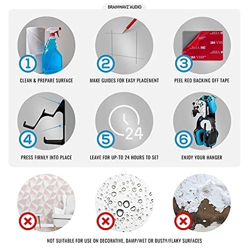 UberAtlas Dual Game Controller & Headphone Stand Wall Mount Holder - Two Pack Black