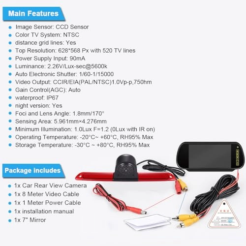 Brake Light Reversing Camera + Rear View Mirror Monitor - Night vision 628 x 586 pixels