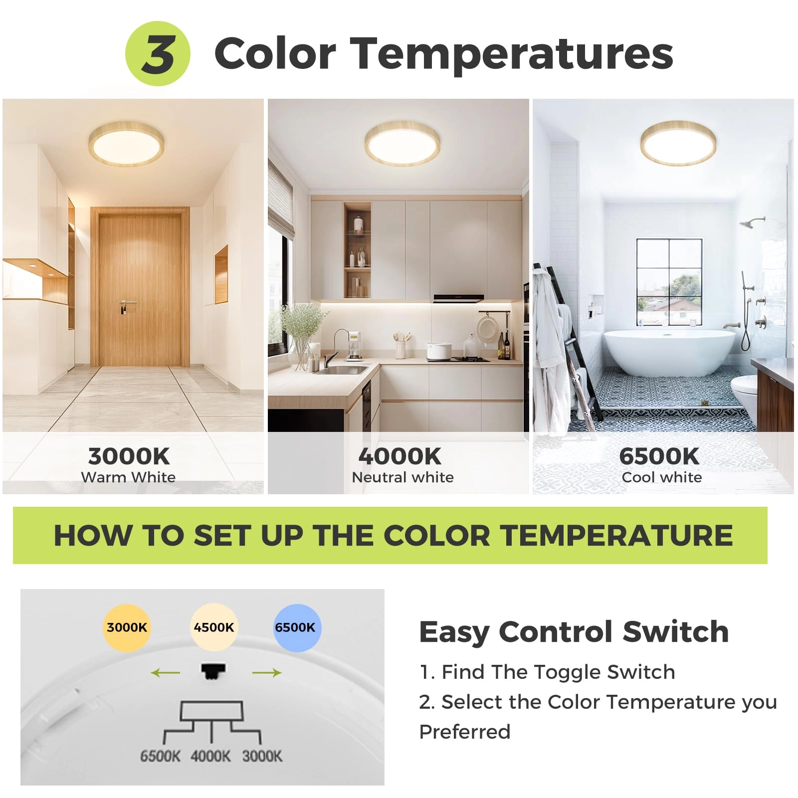 Flush Mount LED Ceiling Light - 3000K 4500K 6000K Dimmable