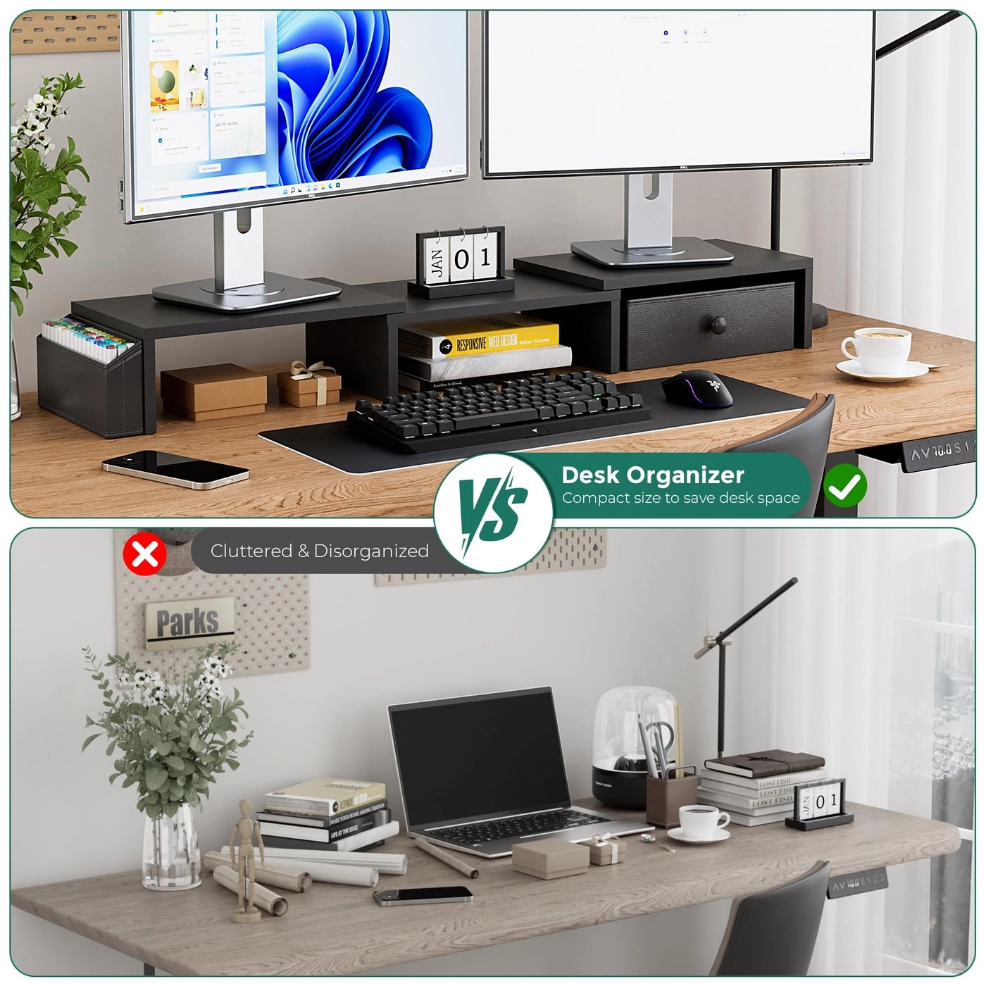 Dual Monitor Stand Riser - Adjustable Length Swivel Angle